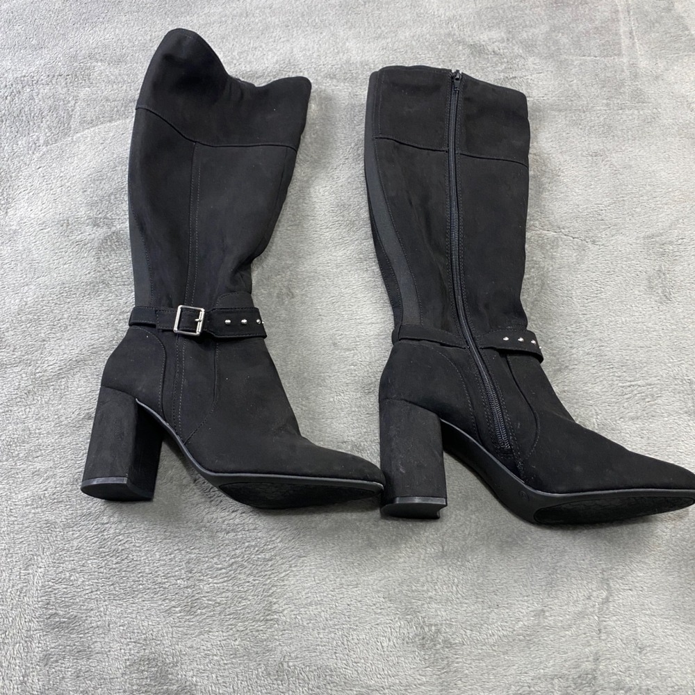 KK Jaquie Black Faux Suede Knee High Block Heel Boots Womens 10M Pointed Toe